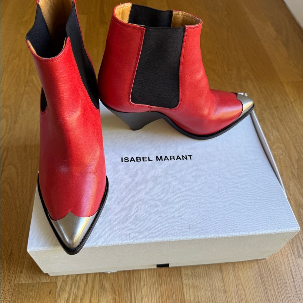 Isabel Marant Red and Black Ankle Boots with Silver Toe